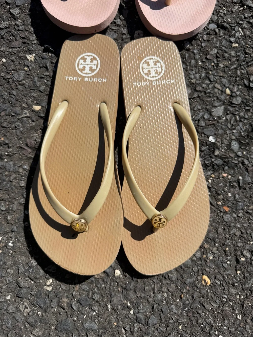 Tory Burch Bundle Logo Flip Flops in Pink and Tan